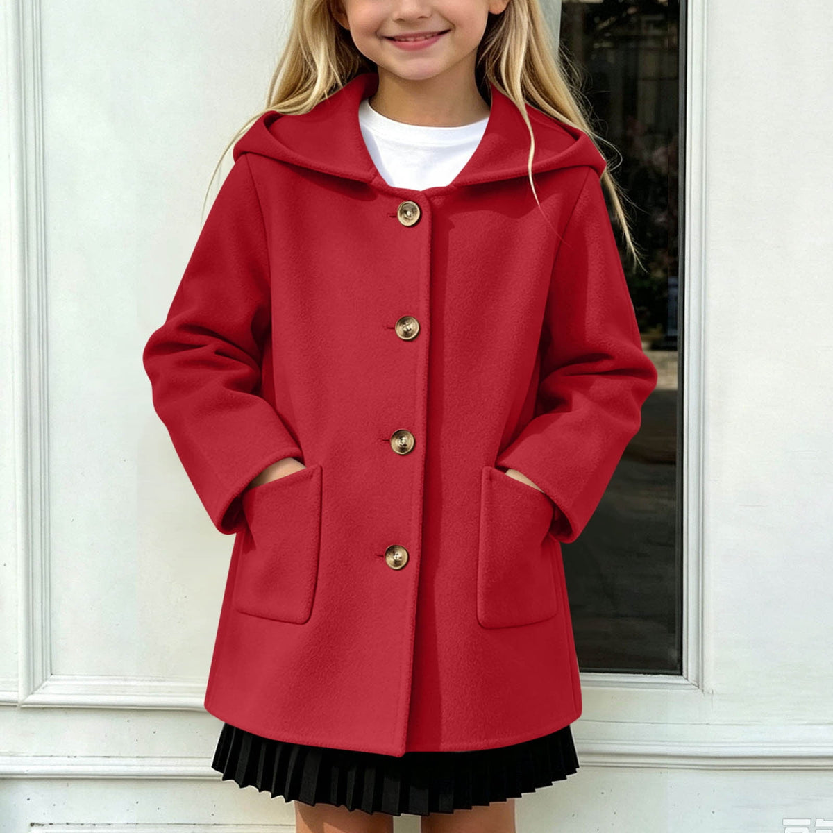 Hfnxid Girls Hooded Pea Coat Button Down Mid Length Warm Jackets Winter Faux Wool Trench Jacket 5-15 Years Light Blue,6-7 Years