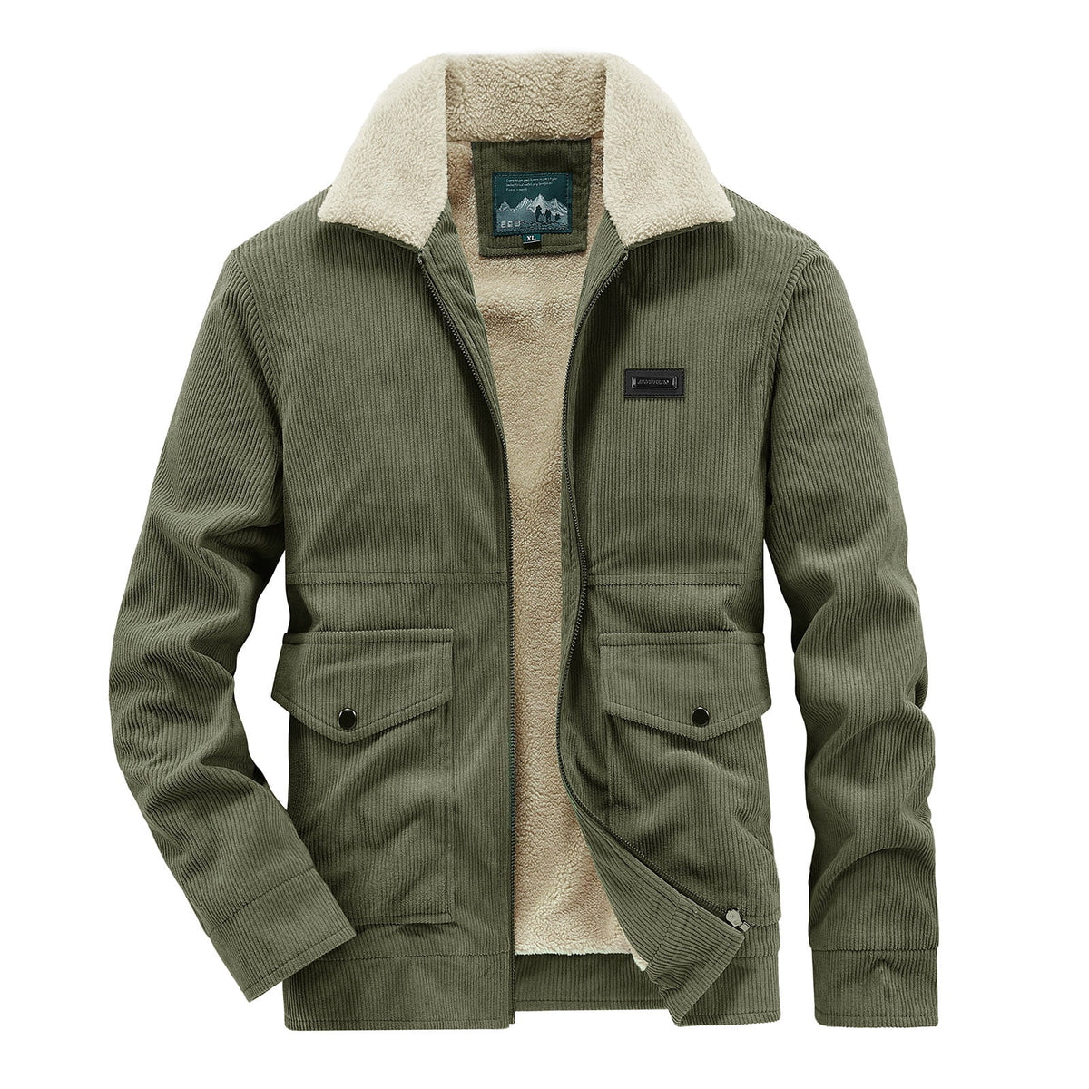 Timoontee Men's Corduroy Jacket Coat Fall Winter Fleece Lined Warm Coats Long Sleeve Lapel Collar Zip Up Jacket Solid Flap Pocket Outerwear Jacket Army Green XXL