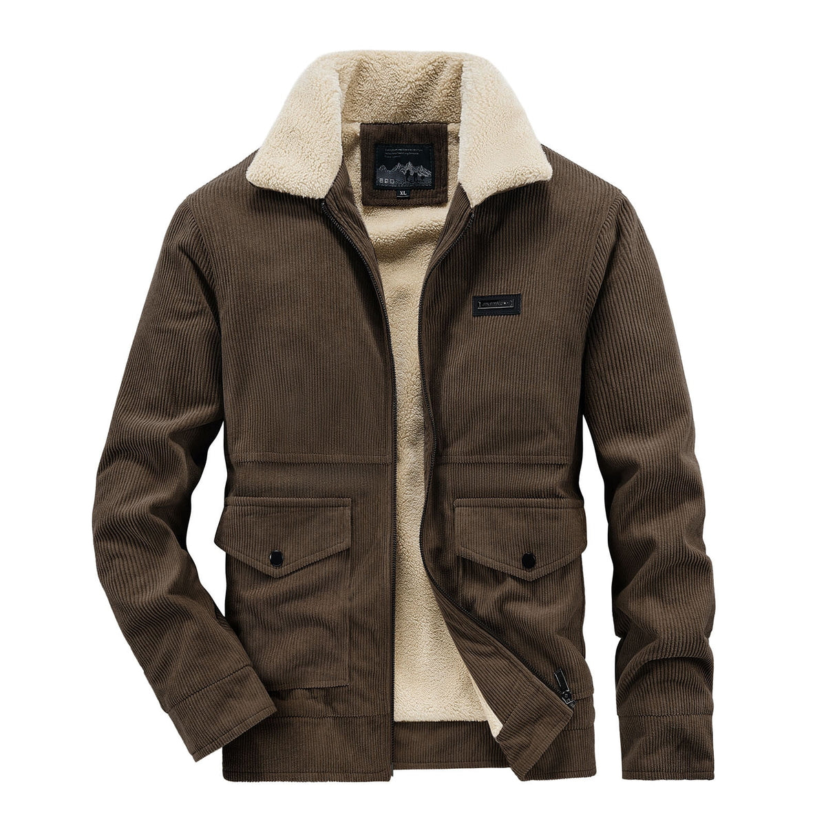 Timoontee Men's Corduroy Jacket Coat Fall Winter Fleece Lined Warm Coats Long Sleeve Lapel Collar Zip Up Jacket Solid Flap Pocket Outerwear Jacket Army Green XXL