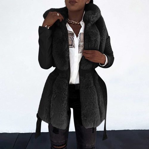 HAPIMO Women's Winter Warm Hooded Coat Soft Comfy Faux Fur Coat Long Sleeve Zip Up Solid Coats Fall Winter Casual Thick Warm Outerwear Black XXXXXL