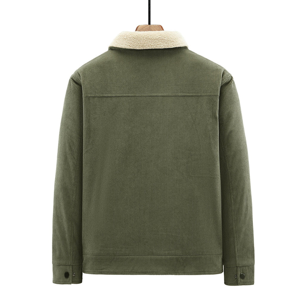 Timoontee Men's Corduroy Jacket Coat Fall Winter Fleece Lined Warm Coats Long Sleeve Lapel Collar Zip Up Jacket Solid Flap Pocket Outerwear Jacket Army Green XXL
