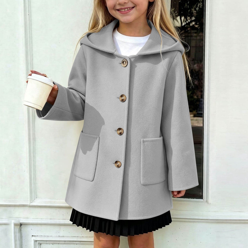 Hfnxid Girls Hooded Pea Coat Button Down Mid Length Warm Jackets Winter Faux Wool Trench Jacket 5-15 Years Light Blue,6-7 Years