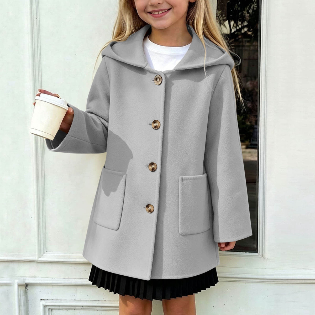 Hfnxid Girls Hooded Pea Coat Button Down Mid Length Warm Jackets Winter Faux Wool Trench Jacket 5-15 Years Light Blue,6-7 Years