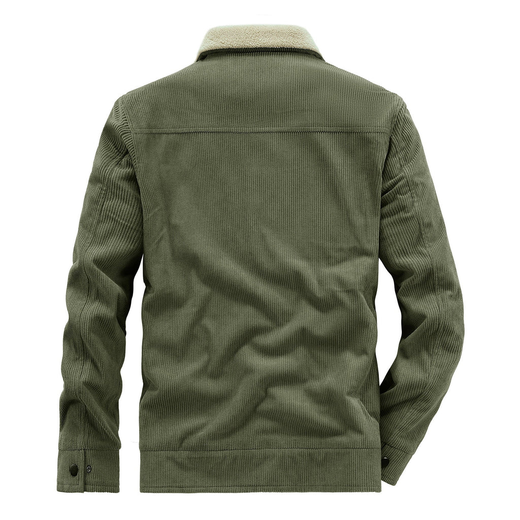 Timoontee Men's Corduroy Jacket Coat Fall Winter Fleece Lined Warm Coats Long Sleeve Lapel Collar Zip Up Jacket Solid Flap Pocket Outerwear Jacket Army Green XXL