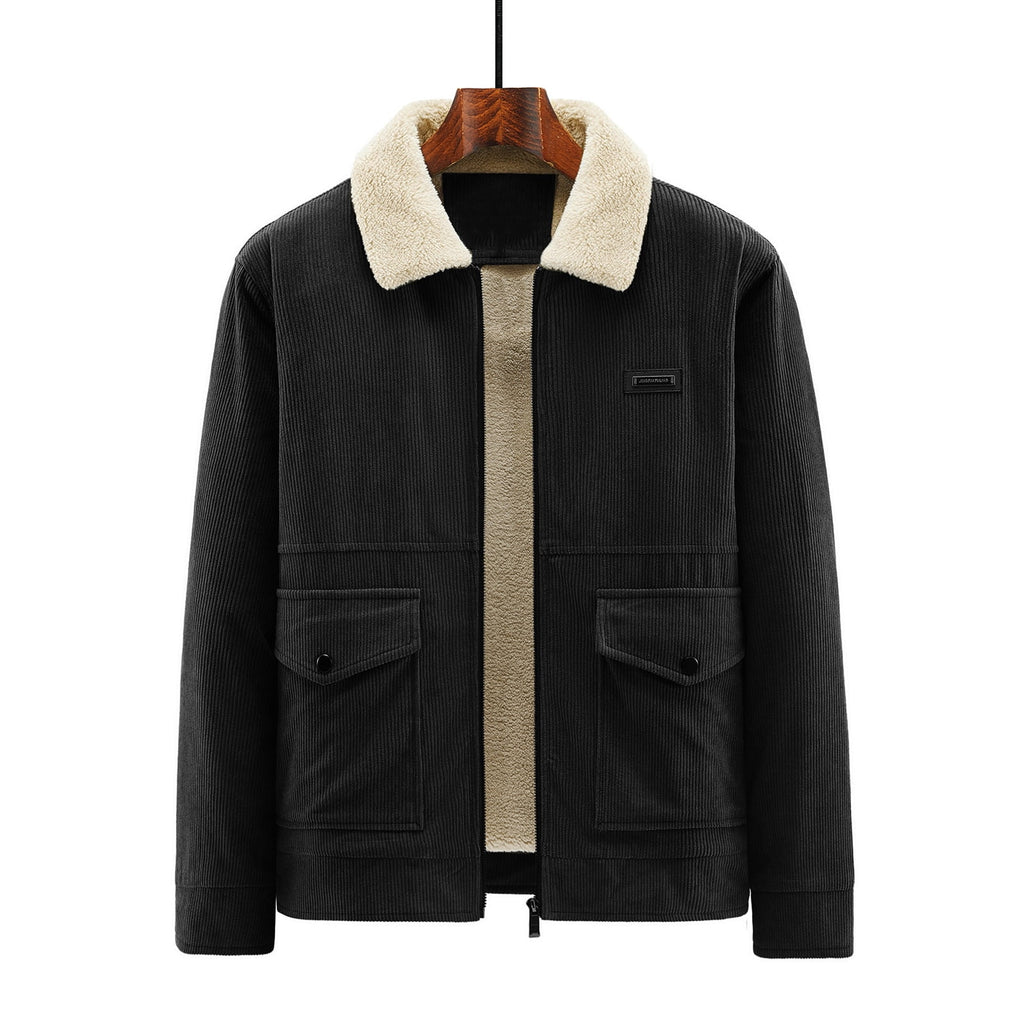 Timoontee Men's Corduroy Jacket Coat Fall Winter Fleece Lined Warm Coats Long Sleeve Lapel Collar Zip Up Jacket Solid Flap Pocket Outerwear Jacket Army Green XXL