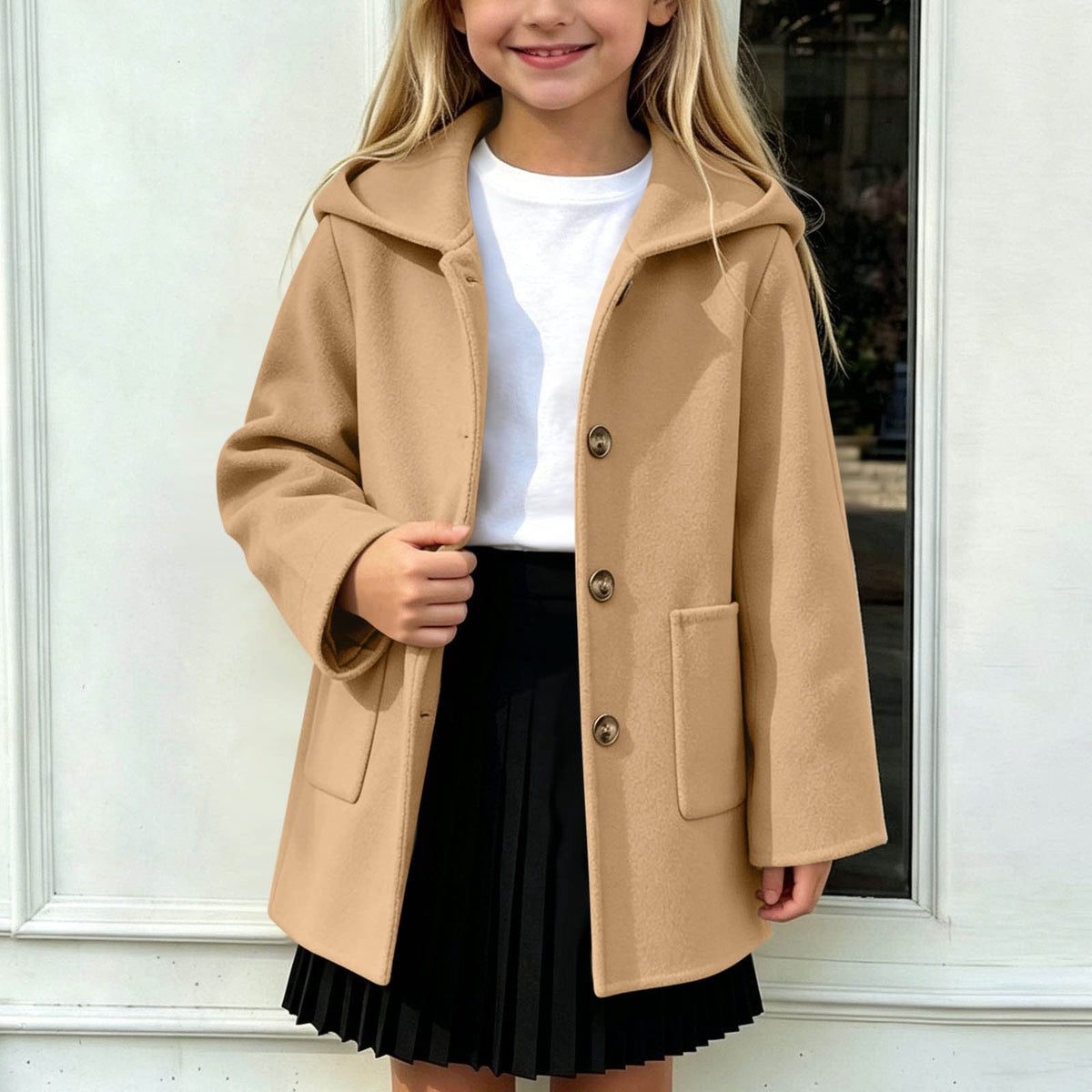 Hfnxid Girls Hooded Pea Coat Button Down Mid Length Warm Jackets Winter Faux Wool Trench Jacket 5-15 Years Light Blue,6-7 Years