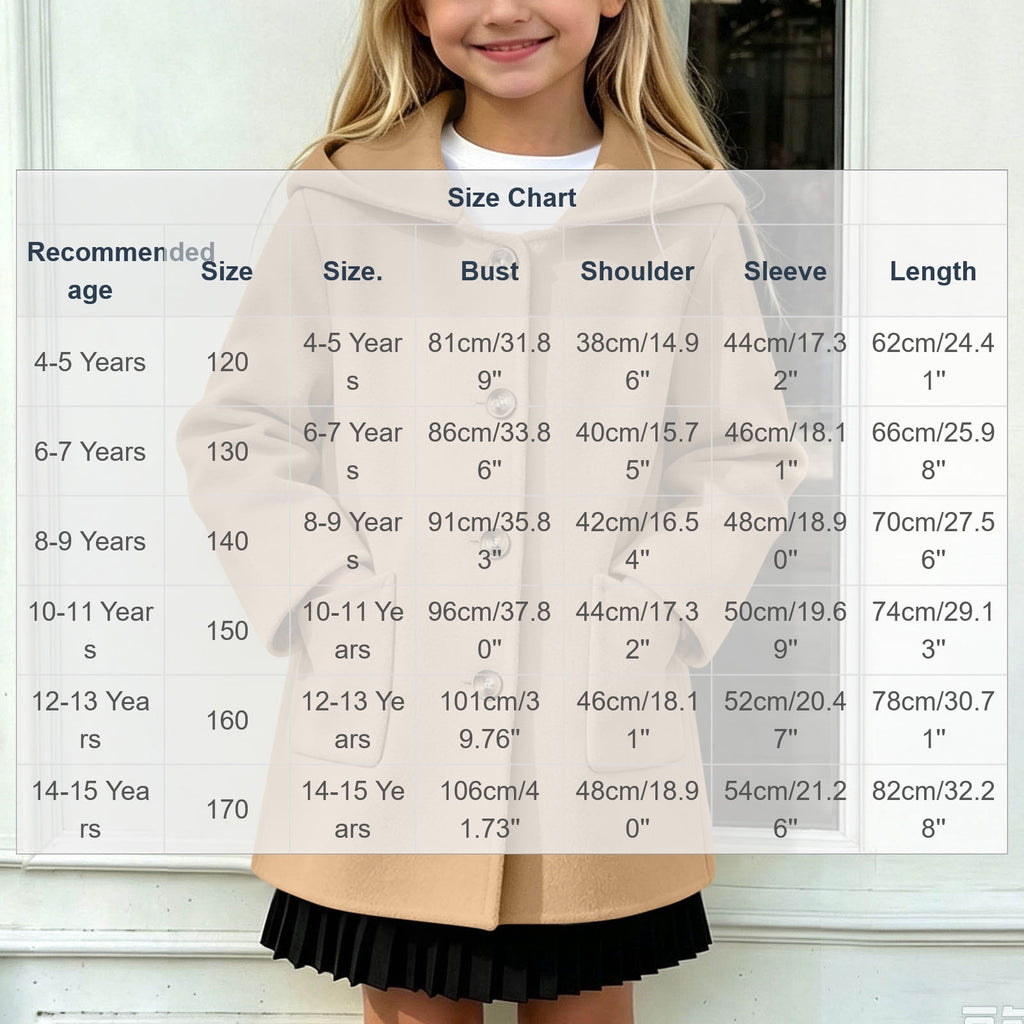 Hfnxid Girls Hooded Pea Coat Button Down Mid Length Warm Jackets Winter Faux Wool Trench Jacket 5-15 Years Light Blue,6-7 Years