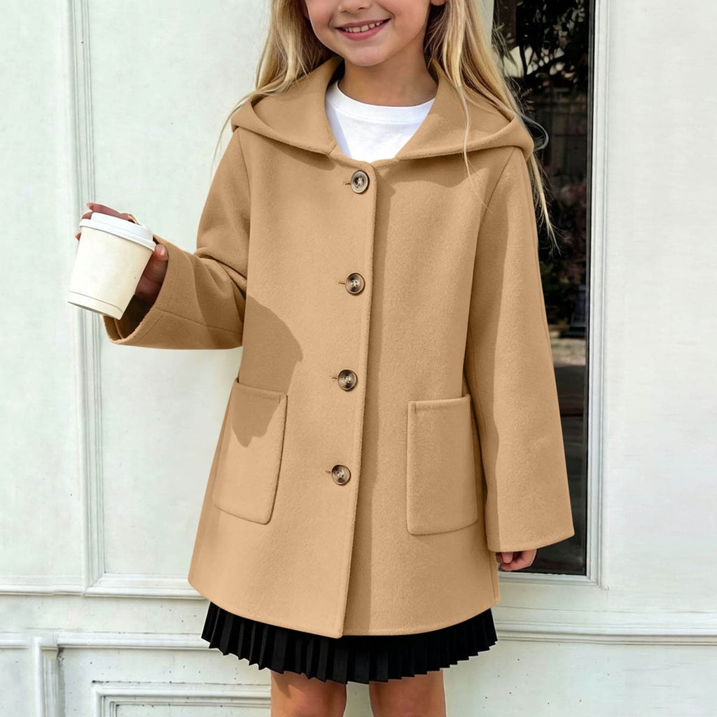 Hfnxid Girls Hooded Pea Coat Button Down Mid Length Warm Jackets Winter Faux Wool Trench Jacket 5-15 Years Light Blue,6-7 Years