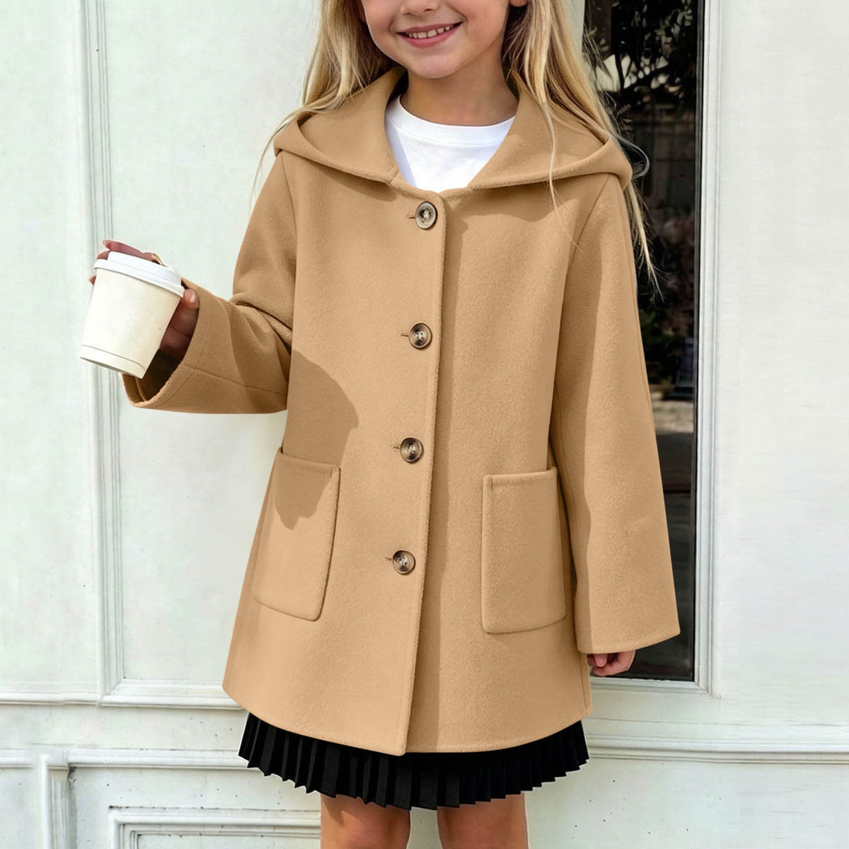 Hfnxid Girls Hooded Pea Coat Button Down Mid Length Warm Jackets Winter Faux Wool Trench Jacket 5-15 Years Light Blue,6-7 Years
