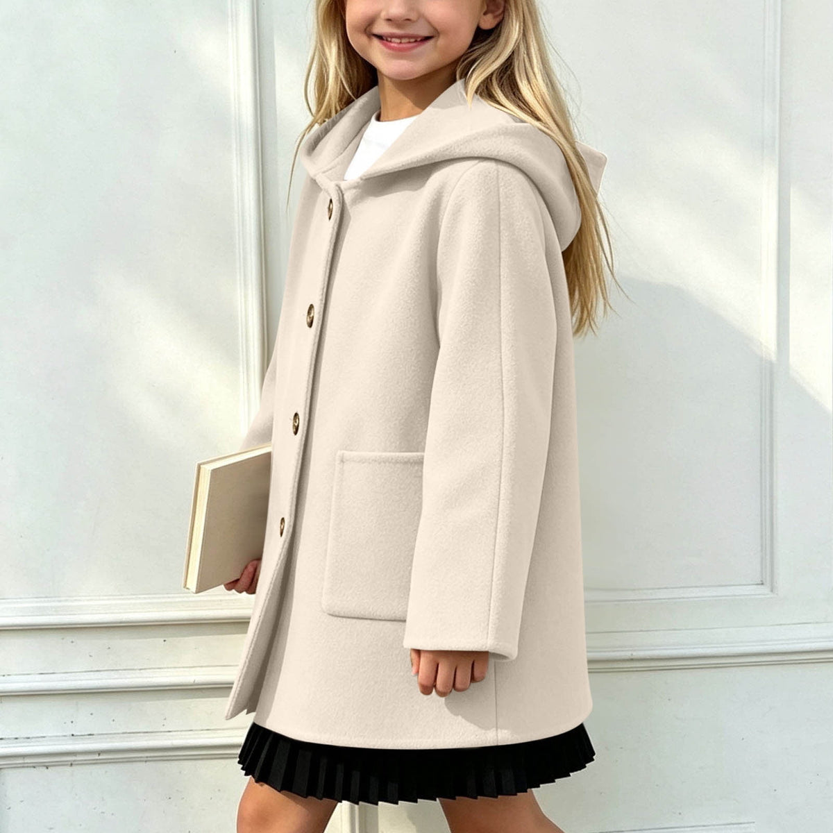 Hfnxid Girls Hooded Pea Coat Button Down Mid Length Warm Jackets Winter Faux Wool Trench Jacket 5-15 Years Light Blue,6-7 Years