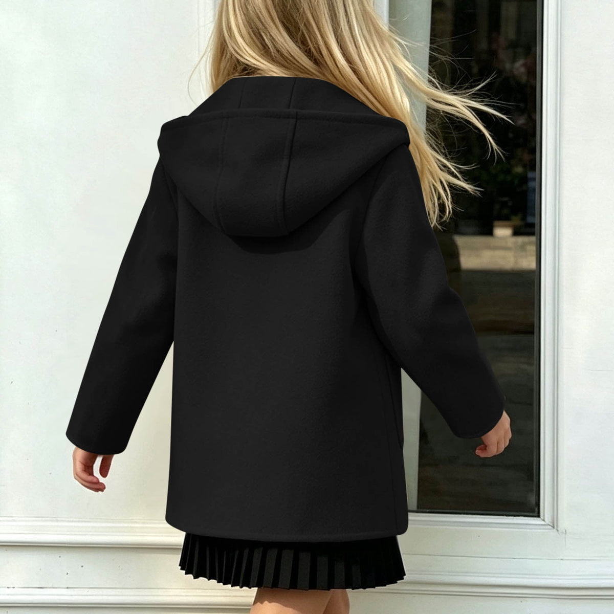 Hfnxid Girls Hooded Pea Coat Button Down Mid Length Warm Jackets Winter Faux Wool Trench Jacket 5-15 Years Light Blue,6-7 Years