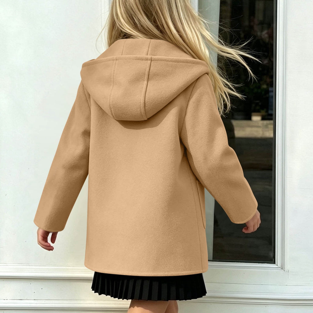 Hfnxid Girls Hooded Pea Coat Button Down Mid Length Warm Jackets Winter Faux Wool Trench Jacket 5-15 Years Light Blue,6-7 Years