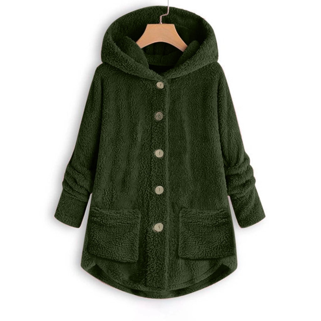 FNFYFH Winter Plush Coat for Women Warm Fluffy Hooded Coats Hot Sale Womens Button Long Sleeve Jackets with Pockets Thermal Outerwear S-5XL