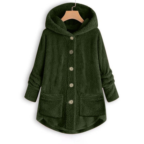 FNFYFH Winter Plush Coat for Women Warm Fluffy Hooded Coats Hot Sale Womens Button Long Sleeve Jackets with Pockets Thermal Outerwear S-5XL