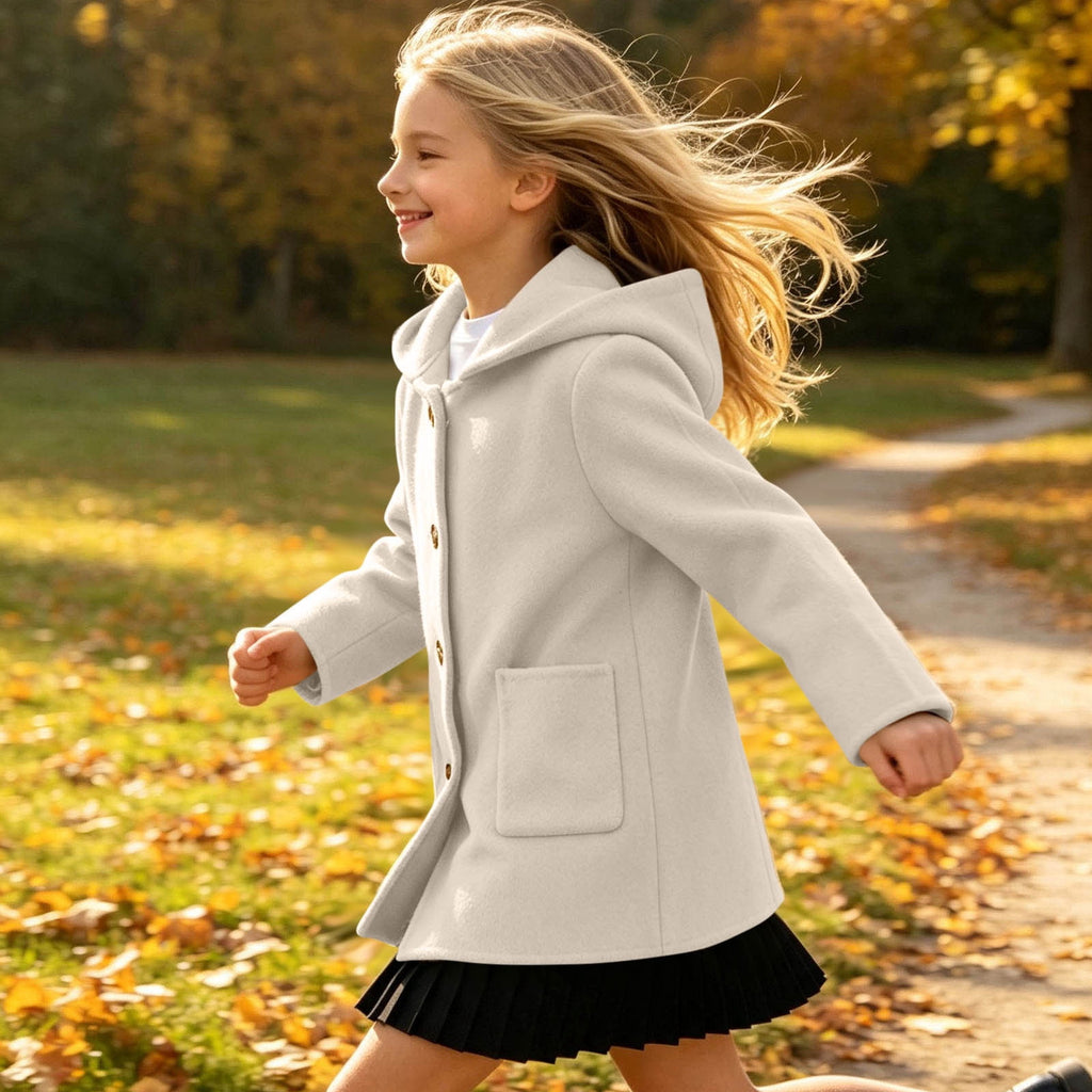 Hfnxid Girls Hooded Pea Coat Button Down Mid Length Warm Jackets Winter Faux Wool Trench Jacket 5-15 Years Light Blue,6-7 Years