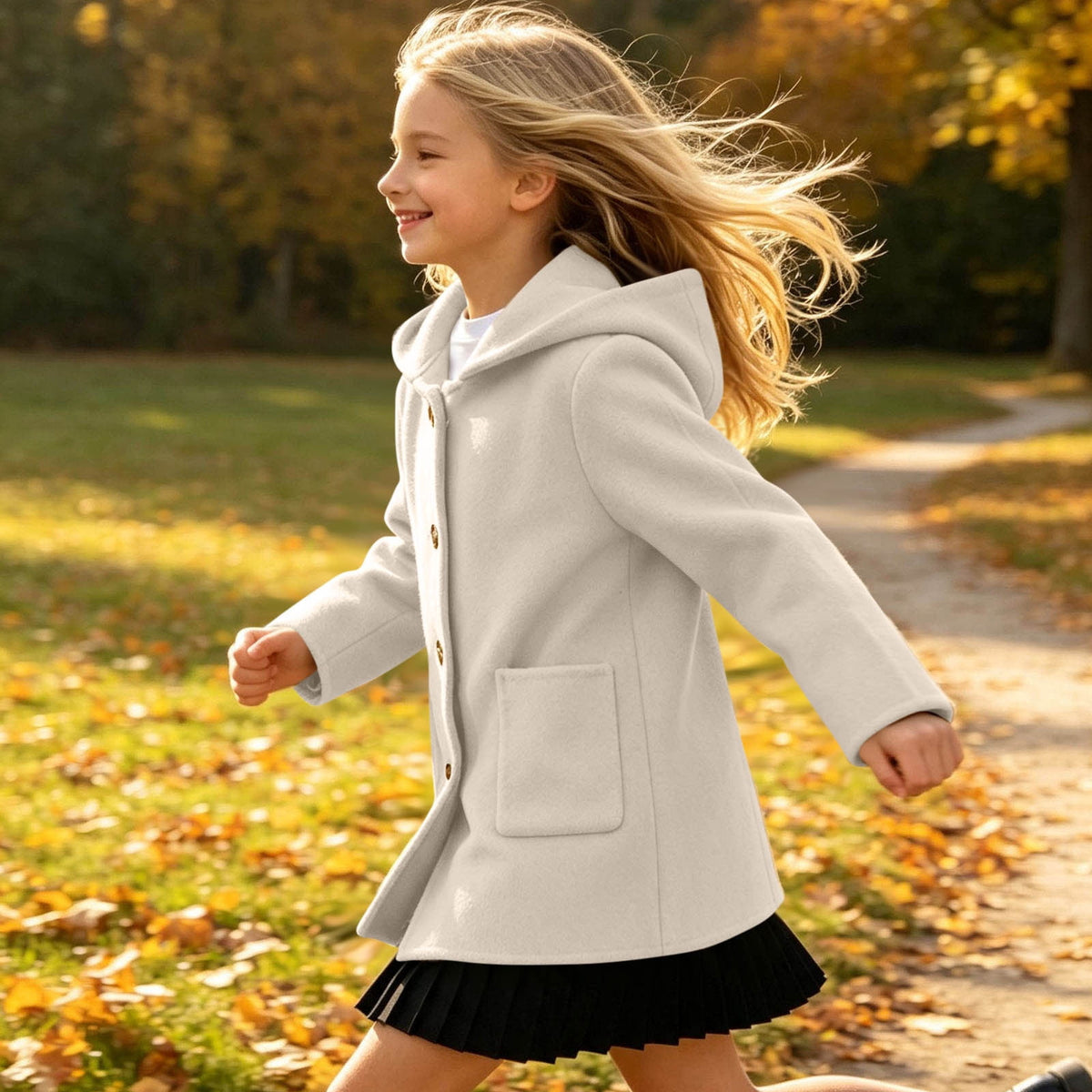 Hfnxid Girls Hooded Pea Coat Button Down Mid Length Warm Jackets Winter Faux Wool Trench Jacket 5-15 Years Light Blue,6-7 Years