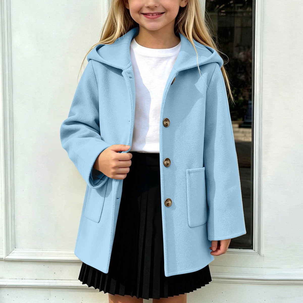 Hfnxid Girls Hooded Pea Coat Button Down Mid Length Warm Jackets Winter Faux Wool Trench Jacket 5-15 Years Light Blue,6-7 Years