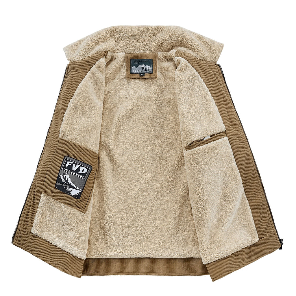 Timoontee Men's Corduroy Jacket Coat Fall Winter Fleece Lined Warm Coats Long Sleeve Lapel Collar Zip Up Jacket Solid Flap Pocket Outerwear Jacket Army Green XXL