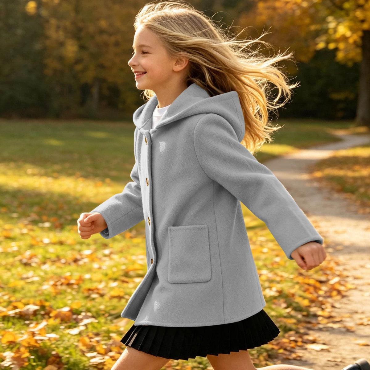 Hfnxid Girls Hooded Pea Coat Button Down Mid Length Warm Jackets Winter Faux Wool Trench Jacket 5-15 Years Light Blue,6-7 Years