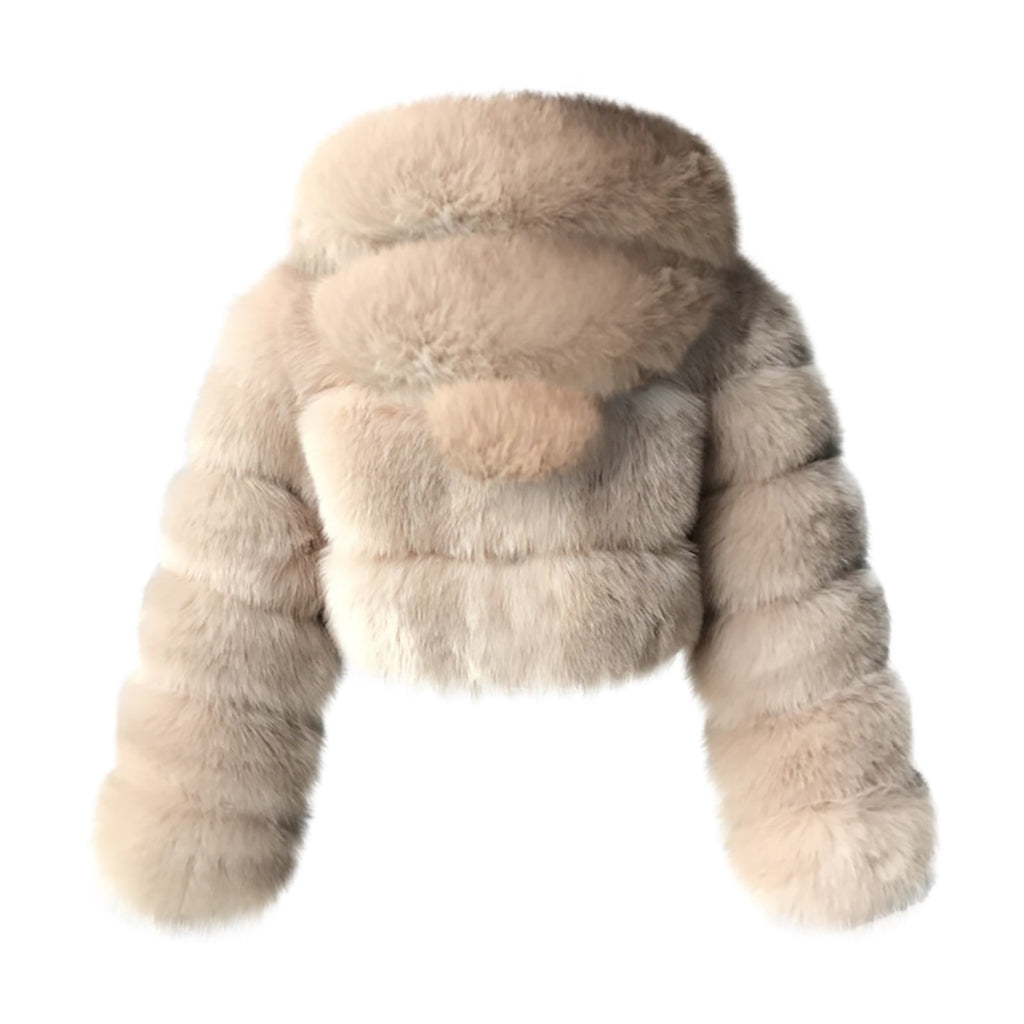FNFYFH Womens Plus Size Faux Furry Coat Winter Warm Fluffy Hooded Jackets Fleece Zipper Long Sleeve Outerwear Furry Splicing Jacket for Women Black S-4XL