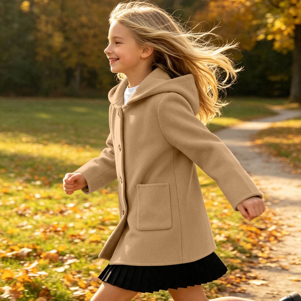 Hfnxid Girls Hooded Pea Coat Button Down Mid Length Warm Jackets Winter Faux Wool Trench Jacket 5-15 Years Light Blue,6-7 Years