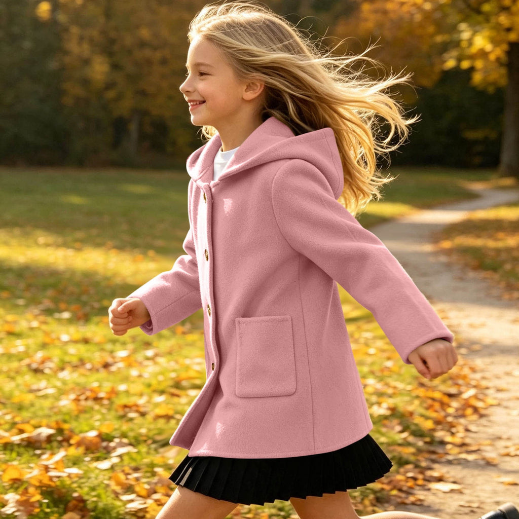 Hfnxid Girls Hooded Pea Coat Button Down Mid Length Warm Jackets Winter Faux Wool Trench Jacket 5-15 Years Light Blue,6-7 Years