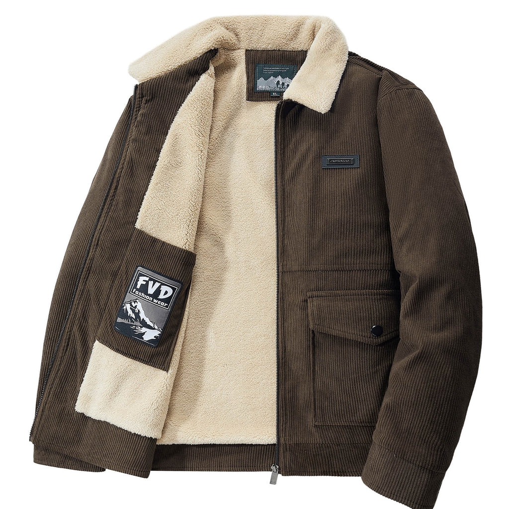 Timoontee Men's Corduroy Jacket Coat Fall Winter Fleece Lined Warm Coats Long Sleeve Lapel Collar Zip Up Jacket Solid Flap Pocket Outerwear Jacket Army Green XXL