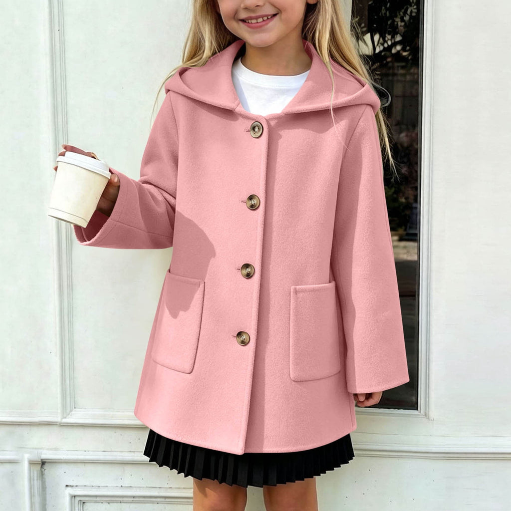 Hfnxid Girls Hooded Pea Coat Button Down Mid Length Warm Jackets Winter Faux Wool Trench Jacket 5-15 Years Light Blue,6-7 Years