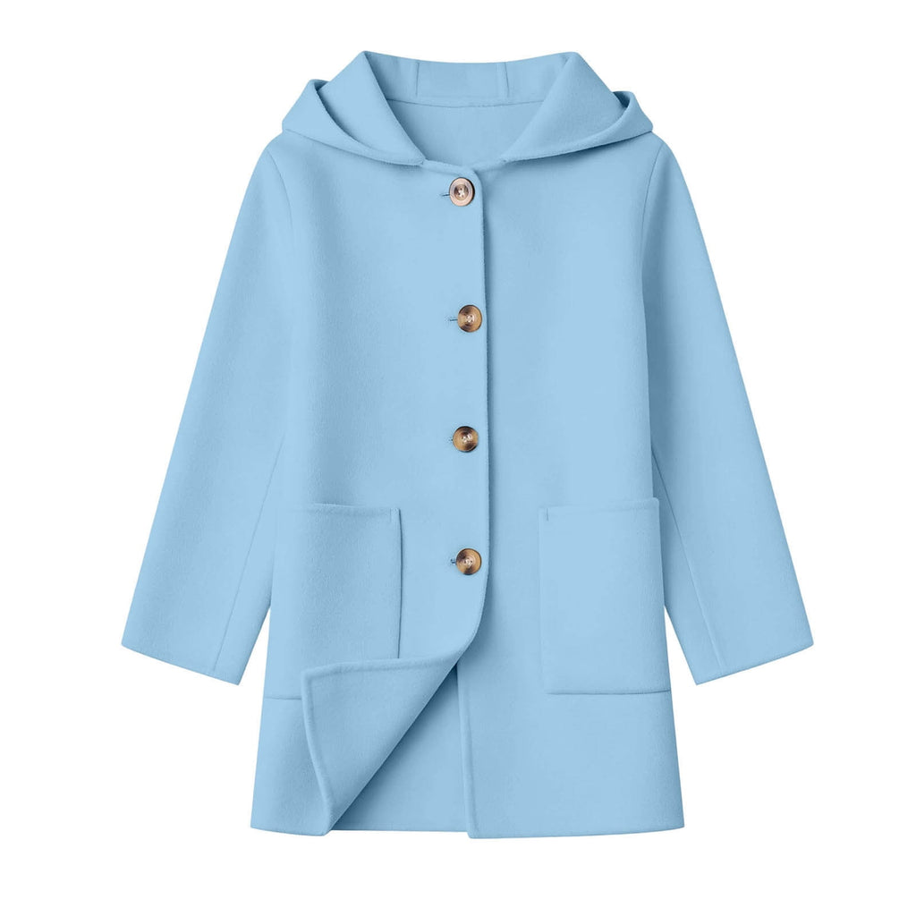 Hfnxid Girls Hooded Pea Coat Button Down Mid Length Warm Jackets Winter Faux Wool Trench Jacket 5-15 Years Light Blue,6-7 Years