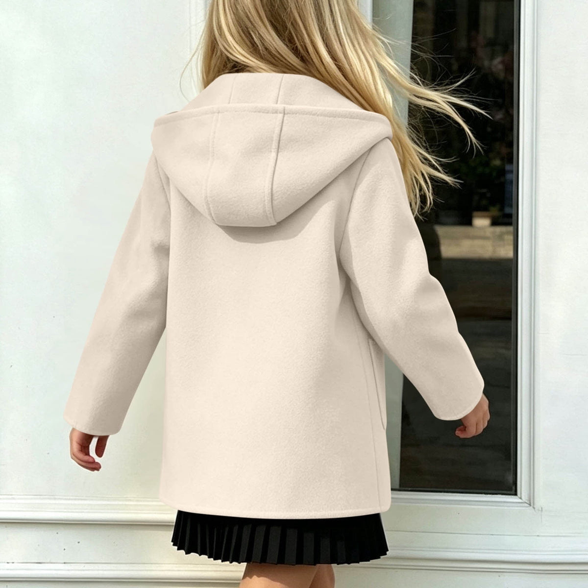 Hfnxid Girls Hooded Pea Coat Button Down Mid Length Warm Jackets Winter Faux Wool Trench Jacket 5-15 Years Light Blue,6-7 Years
