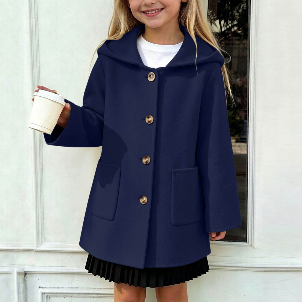 Hfnxid Girls Hooded Pea Coat Button Down Mid Length Warm Jackets Winter Faux Wool Trench Jacket 5-15 Years Light Blue,6-7 Years