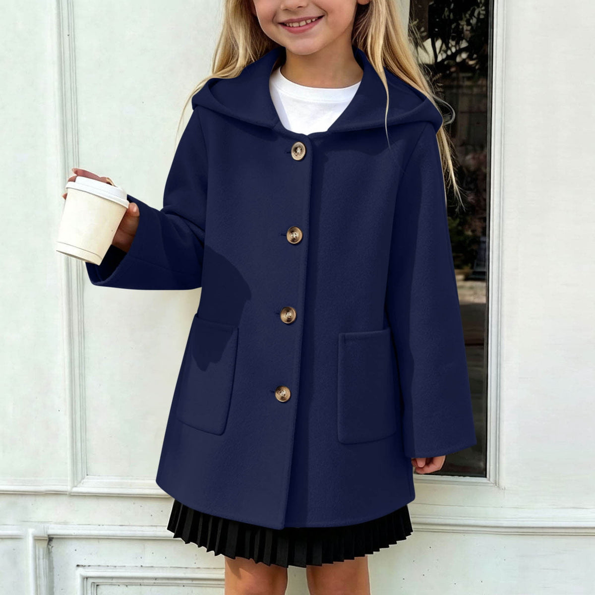 Hfnxid Girls Hooded Pea Coat Button Down Mid Length Warm Jackets Winter Faux Wool Trench Jacket 5-15 Years Light Blue,6-7 Years