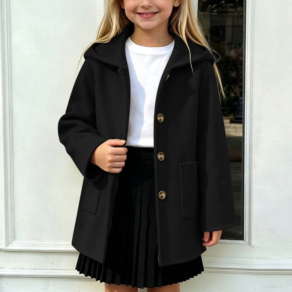 Hfnxid Girls Hooded Pea Coat Button Down Mid Length Warm Jackets Winter Faux Wool Trench Jacket 5-15 Years Light Blue,6-7 Years