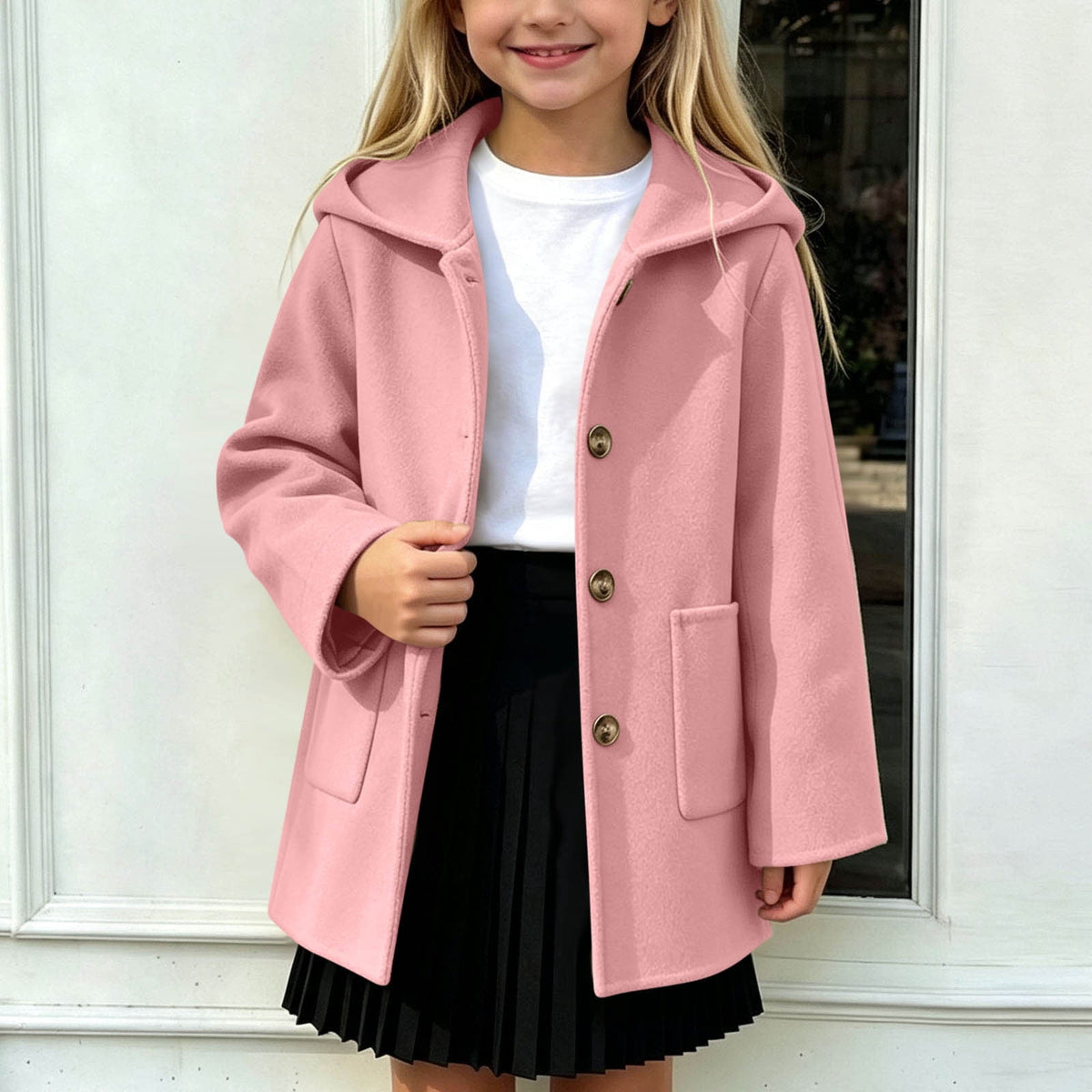 Hfnxid Girls Hooded Pea Coat Button Down Mid Length Warm Jackets Winter Faux Wool Trench Jacket 5-15 Years Light Blue,6-7 Years